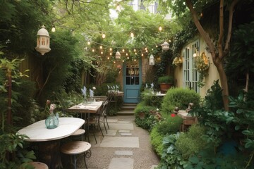 Fototapeta premium a lush garden with bistro-style seating and lanterns, created with generative ai