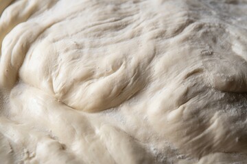close-up of pizza dough, with visible layers and kneaded texture, created with generative ai