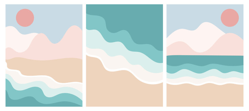 Set of minimalist summer posters in a retro style. Beach, sand, sun, sea, ocean, vacation. Nice trendy colors. Create posters, stickers, placards, party flyers, backgrounds, wallpapers. Vector