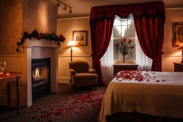 Fototapeta na wymiar a cozy room with red roses and a fireplace, created with generative ai