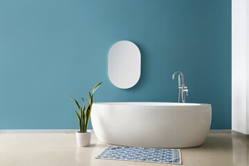Simple interior of bathroom with bathtub, mirror and houseplant near blue wall