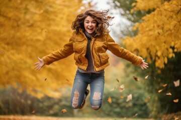 Headshot portrait photography of a glad mature girl jumping against an autumn foliage background. With generative AI technology