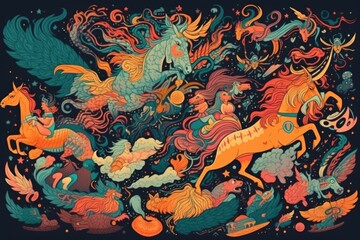 Obraz na płótnie Canvas retro and vintage psychedelic poster with flying magical creatures, unicorns, and other mythical beasts, created with generative ai
