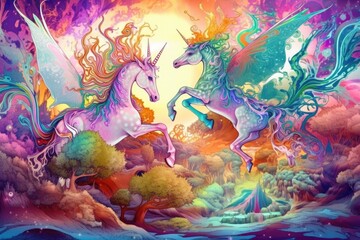 psychedelic fantasy scene, with dragons and unicorns in a magical land, created with generative ai