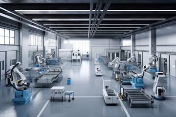 Obraz premium a factory floor, with robotic arms and machines assembling products on their own, created with generative ai