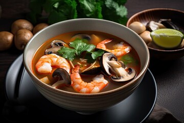 bowl of tom yam soup with shrimp and mushrooms, created with generative ai