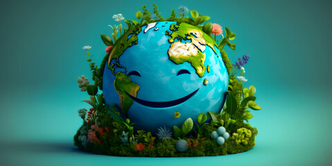 a smiling earth with plants on it, save the planet, environment, generative ai