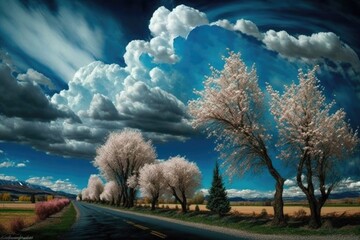 landscape with blossoming trees, blue sky and clouds, created with generative ai