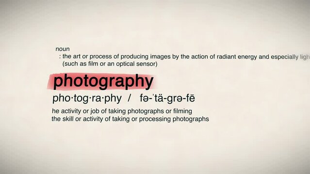 The Word Photography Red Highlighted in a Dictionary Animation