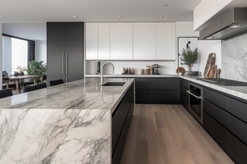 Fototapeta premium decluttered kitchen with sleek appliances, marble counters, and minimal decor for a modern look, created with generative ai