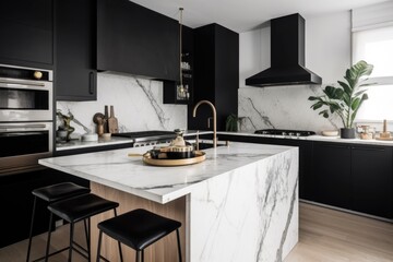 decluttered kitchen with sleek appliances, marble counters, and minimal decor for a modern look, created with generative ai