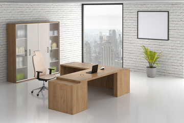 Modern office interior. White poster on wall. Mock up. CEO desk. City view, panoramic window , Interior of CEO office with white walls, bookcase with folders .view . 3d rendering. corner view
