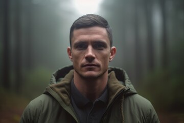 Obraz premium Close-up portrait photography of a glad boy in his 30s with crossed arms against a foggy forest background. With generative AI technology
