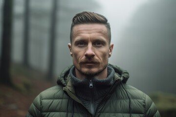Obraz premium Close-up portrait photography of a glad boy in his 30s with crossed arms against a foggy forest background. With generative AI technology