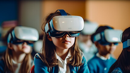 three dimensional vr glasses in classroom, children play and learn with these glasses, generative ai