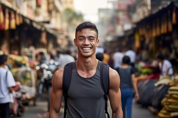 Medium shot portrait photography of a joyful boy in his 30s working out against a bustling marketplace background. With generative AI technology