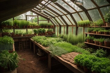 Fototapeta na wymiar greenhouse filled with herbs and spices, ready for cooking, created with generative ai