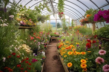 Fototapeta na wymiar greenhouse with view of blooming garden, surrounded by colorful flowers, created with generative ai