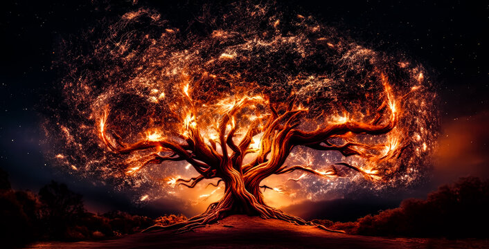 fire burning tree in the middle at night, generative ai