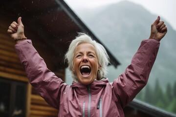 Close-up portrait photography of a glad mature woman celebrating winning against a mountain cabin background. With generative AI technology