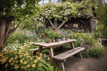 Fototapeta na wymiar a rustic picnic table surrounded by blooming garden in full bloom, created with generative ai