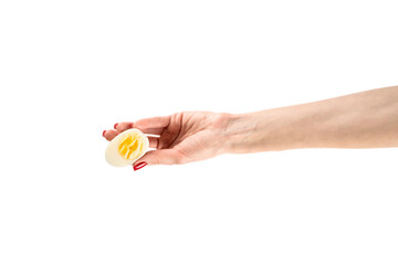 Chicken egg in female hand isolated on white background.