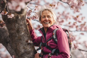 Fototapeta na wymiar Close-up portrait photography of a grinning mature woman practicing rock climbing against a cherry blossom background. With generative AI technology