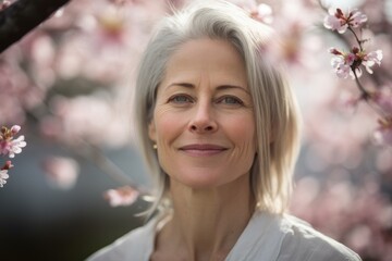 Obraz premium Close-up portrait photography of a satisfied mature girl meditating against a cherry blossom background. With generative AI technology