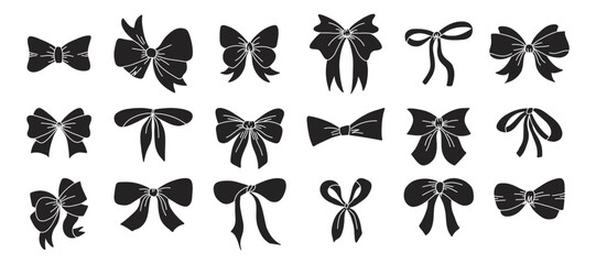 Gift bow set. Black silhouette, birthday and christmas elegant ribbons for presents decoration. Different decor for boxes packaging. Wrapping elements, cards wrap pack vector isolated set