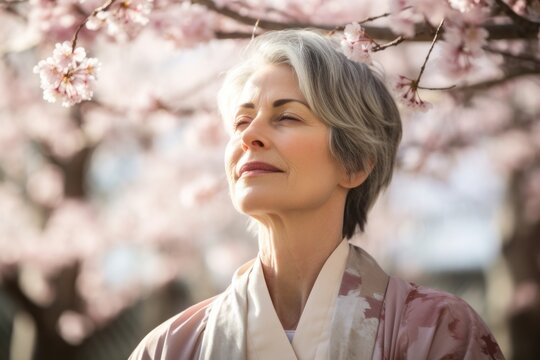 Close-up portrait photography of a satisfied mature girl meditating against a cherry blossom background. With generative AI technology