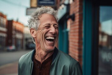 Fototapeta premium Headshot portrait photography of a joyful mature man laughing against a small town main street background. With generative AI technology