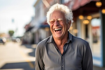 Fototapeta premium Headshot portrait photography of a joyful mature man laughing against a small town main street background. With generative AI technology