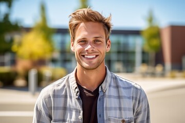 Fototapeta premium Headshot portrait photography of a grinning boy in his 30s cooking against a school campus background. With generative AI technology
