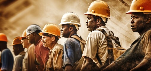 A line of construction workers in helmets (Generative AI, Generativ, KI)