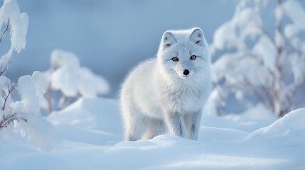 Obraz na płótnie Canvas Arctic Fox Traversing the Wintered Siberian Tundra. AI Generative.