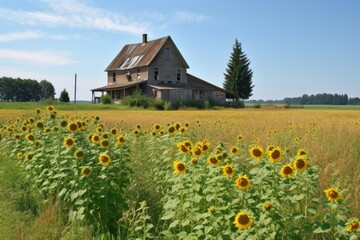 Fototapeta na wymiar old farmhouse with sunflower fields in the background, roadside attraction, created with generative ai