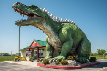 roadside attraction featuring life-sized dinosaurs and other prehistoric creatures, created with generative ai
