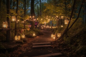 Fototapeta na wymiar magical forest with lanterns and twinkling lights, roadside attraction, created with generative ai