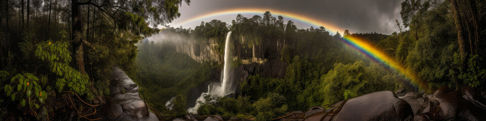 Under a magical rainbow, a torrent flows through a lush forest, creating an enchanting setting. Generative AI
