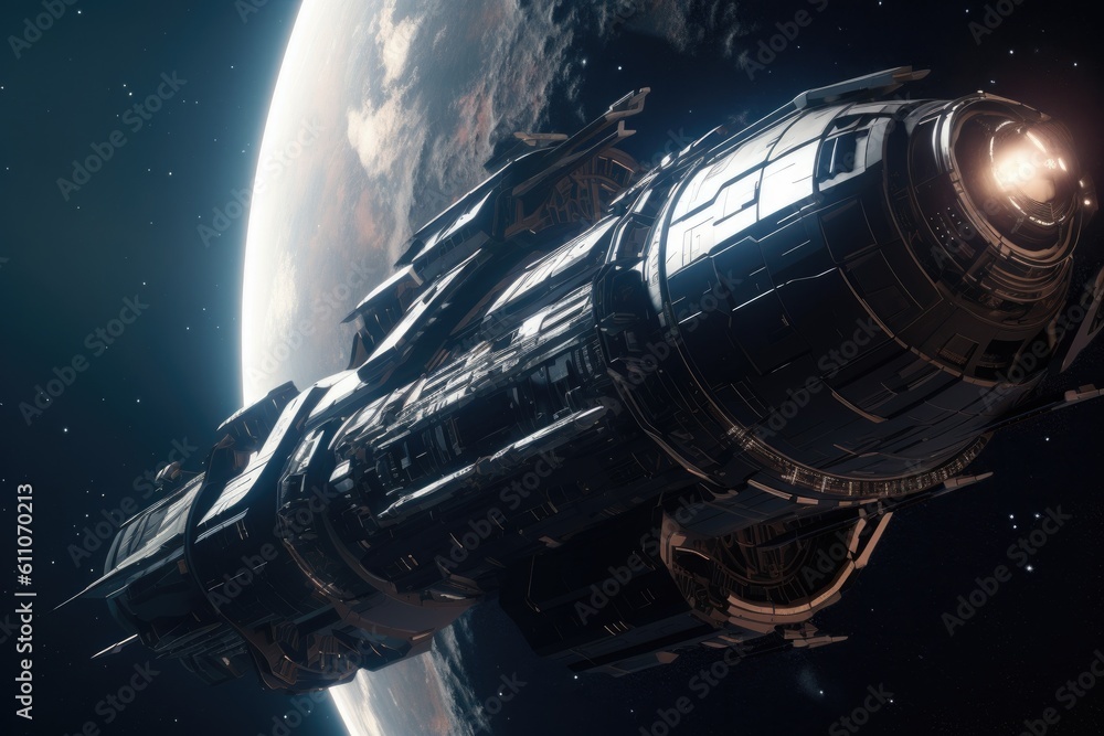Wall mural shot of a futuristic spacecraft in space, created with generative ai