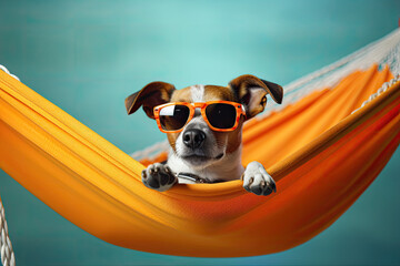 Dog wearing sunglasses in the hammock. Travel concept. Generative AI