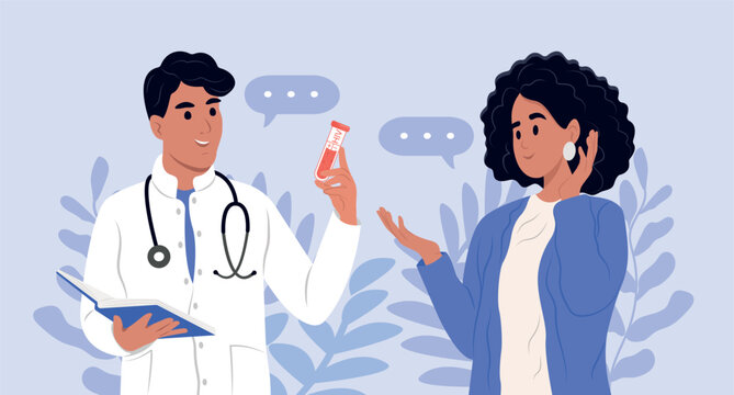 HIV testing day. A young smiling doctor holds a tube with blood. Laboratory examination for HIV. Analysis for the prevention of AIDS. June 27. Annual health day banner.