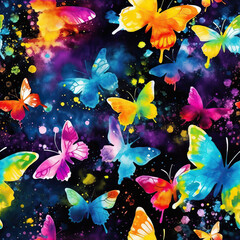 Obraz na płótnie Canvas Butterfly watercolor seamless repeat pattern on black [Generative AI] 