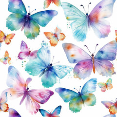 Butterfly watercolor seamless repeat pattern on white 
