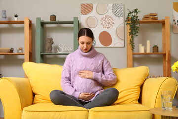Obraz premium Young pregnant woman sitting on sofa at home