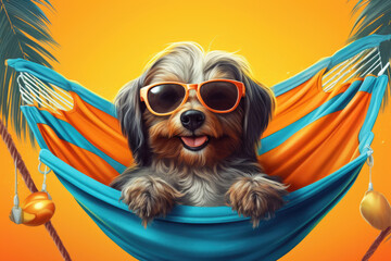 Dog wearing sunglasses in the hammock. Travel concept. Generative AI