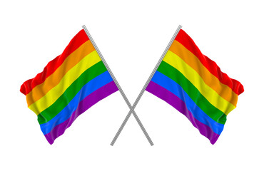 3d rendering. Windy waving LGBTQ rainbow flag with clipping path isolated on white background.