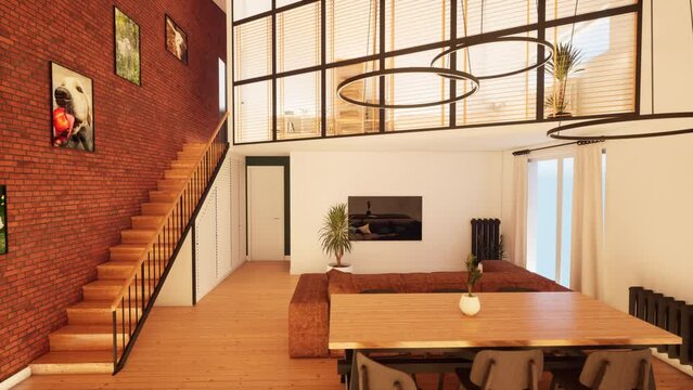 trendy modern design two-level apartment with large high windows. The stylish living room and kitchen in bright colors are undressed by a glass partition.