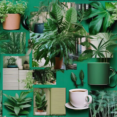 Creative workspace collage with coffee mugs and plants, seamless repeat pattern, abstract, surreal [Generative AI]
