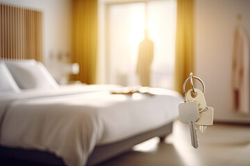 a white room at a hotel bed hanging a room key. Travel concept, Generative AI